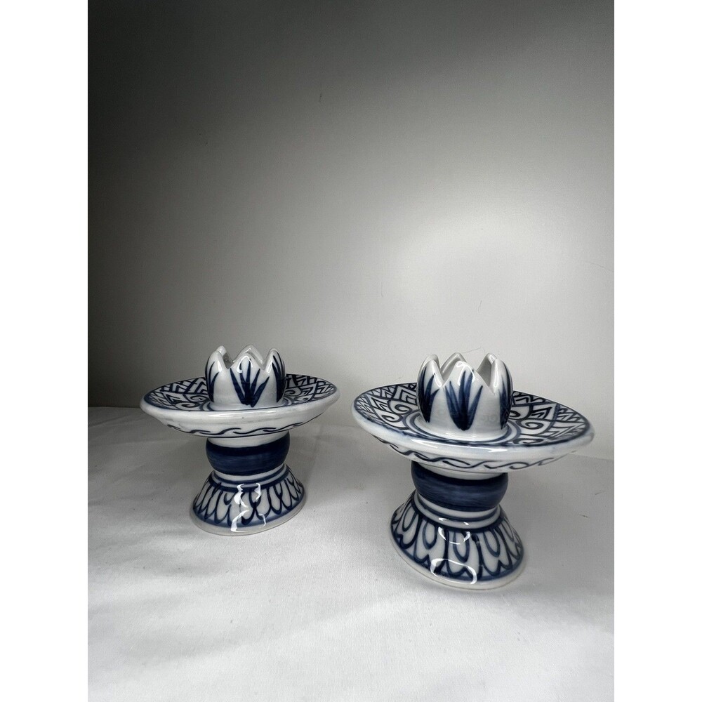 Antique Chinese flow blue scalloped candlesticks Chinoiserie Chic Old World